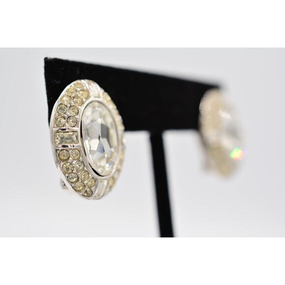 Givenchy Crystal Clip Earrings Baguette Rhinestone Oval Silver Tone Signed 9D - Picture 4 of 12
